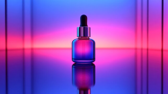 Glass dropper bottle in vibrant neon lighting