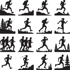 Obraz premium Adventure Sports & Outdoor Activity Silhouette Vector Bundle – Hiking, Surfing, Climbing, Running, Camping