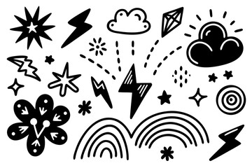 Collection of hand drawn black and white doodle icons and symbols