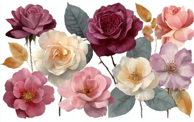 Fototapeta premium Beautiful collection of various roses in shades of pink, white, and purple, showcasing intricate petals and lush green leaves, perfect for floral design and decoration