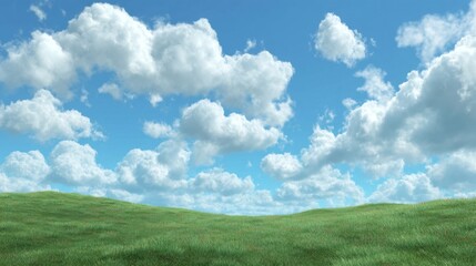 Obraz premium Vast Green Field Under Bright Blue Sky with Fluffy White Clouds in a Serene and Peaceful Natural Landscape Ideal for Relaxation and Outdoor Activities