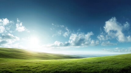 Serene Landscape with Rolling Hills Under a Blue Sky and Soft White Clouds at Sunrise, Perfect for Nature and Outdoor Themes