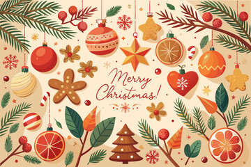 Festive merry christmas greeting card with ornaments and natural elements