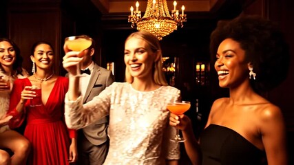 A diverse group of elegantly dressed friends laughing and toasting with cocktails at a glamorous party