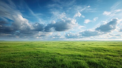 Expansive Green Field Under Dramatic Cloudy Sky with Sunlight Illuminating the Horizon in a Serene Landscape During Daytime