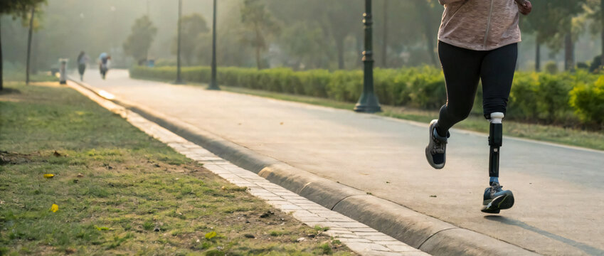 Young woman actively jogging with prosthetic leg on the road in summer for fitness and fun lifestyle