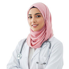 A professional female physician wearing a pink hijab and a white lab coat with a stethoscope around her neck isolated on transparent background
