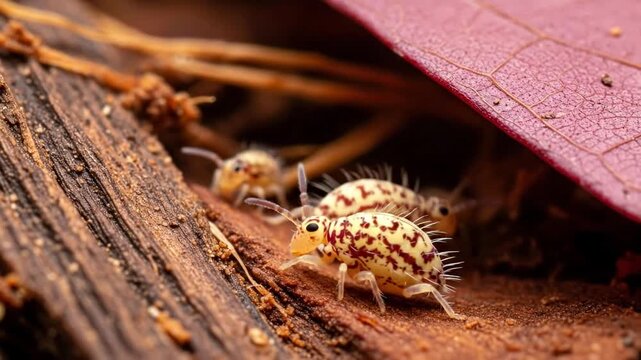Close-up view of tiny, speckled springtails on a wooden surface, highlighting their intricate details and natural habitat