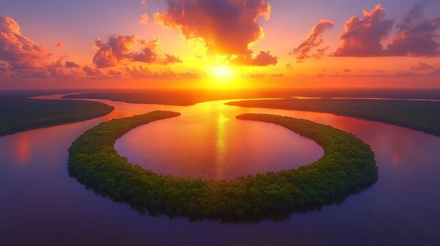 Serene sunrise over a river island