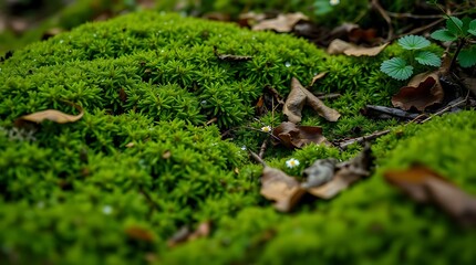 A hyperrealistic depiction of a dewy forest floor, intricate mosses, fallen leaves, tiny wildflowers, shallow depth of field, vibrant greens and earthy tones