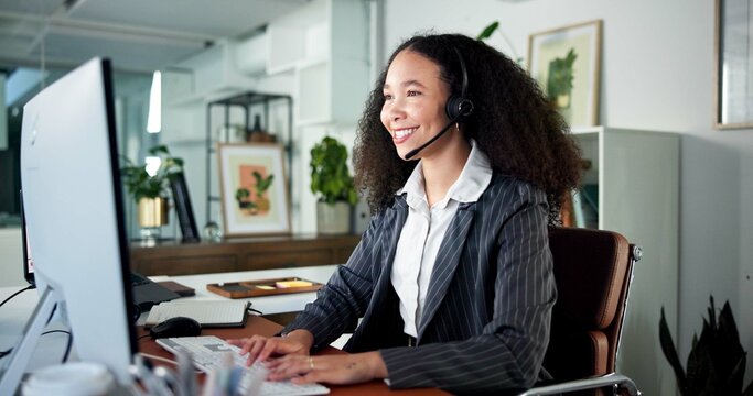 Happy woman, consultant or typing with headset in call center for customer service or online advice. Female person, friendly agent and talking with smile, mic or technology for virtual assistance
