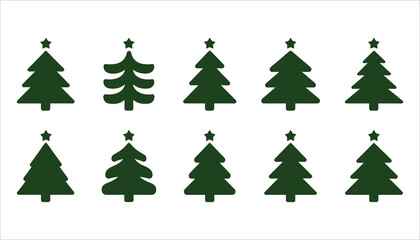 Ten dark green stylized Christmas trees with stars on white background pine tree fir tree
