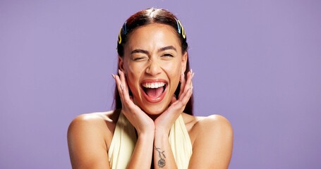 Portrait, excited and woman with beauty in studio for natural shine and makeover. Mockup space, gen z and person with silly expression for cosmetology, facial glow and aesthetic on purple background