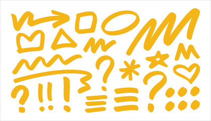 Obraz premium Collection of yellow hand drawn doodle shapes and symbols on white background vector