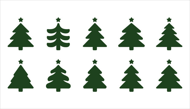 Ten dark green stylized Christmas trees with stars on white background pine tree fir tree