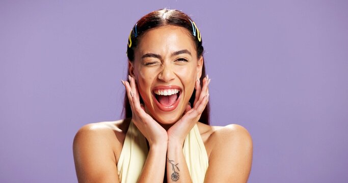 Portrait, excited and woman with beauty in studio for natural shine and makeover. Mockup space, gen z and person with silly expression for cosmetology, facial glow and aesthetic on purple background