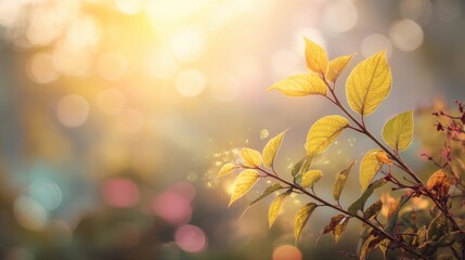 Obraz premium Softly illuminated green leaves with a gentle bokeh background showcasing natural beauty in a serene and tranquil environment, perfect for nature-themed projects.