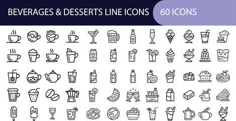 Beverage and dessert line icons set for food and drink menus