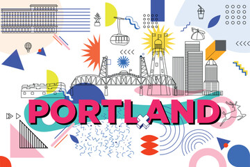 Typography word "Portland" branding technology concept. Collection of flat vector web icons. Culture travel Memphis set, famous architectures, specialties detailed silhouette. American famous landmark