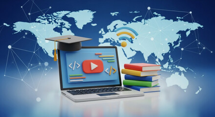 Online education courses and e learning platform for students with graduation cap and books world map