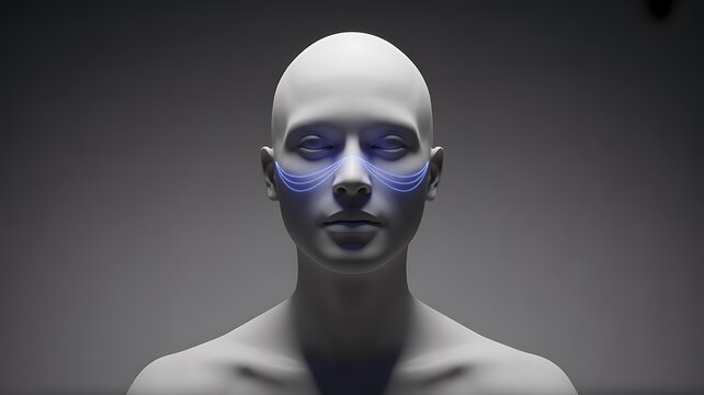 A minimalist portrait of a mannequin with glowing blue face paint
