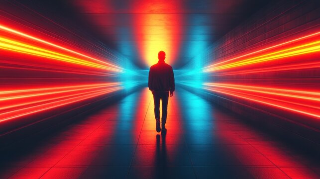 Silhouetted figure walks a vibrant neon tunnel - Powered by Adobe