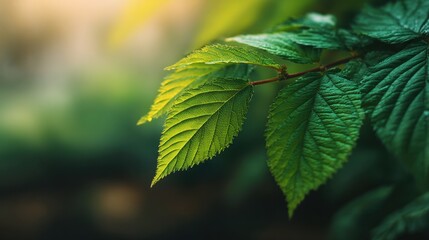 Close-Up View of Green Fresh Leaves with Detailed Veins Glowing in Soft Light from Sunlight, Perfect for Nature and Botanical Themes