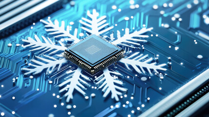 Abstract digital illustration of microchip core on snowflake shape on blue background. Information Technology greeting card. Happy new year and merry christmas.