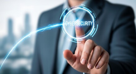 Businessman touching a glowing circle with the word cybersecurity on a futuristic interface, representing digital protection and online safety