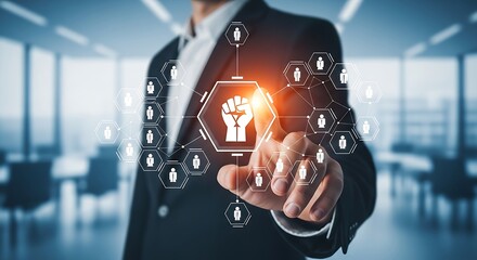 Businessman touching a digital interface with a fist icon, symbolizing power, strength, and connection in a modern office