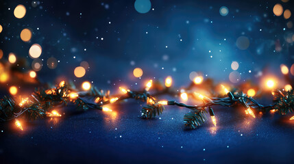 Festive Christmas garland with glowing bokeh lights on a dark blue background, creating a magical holiday atmosphere perfect for seasonal decorations, winter celebrations, and joyful event designs.