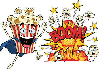 Funny popcorn cartoon superhero jumping with explosion boom background, comic style food character, exciting entertainment snack concept
