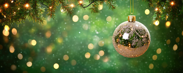 shiny hanging christmas tree ball on green background, beautiful xmas decoration isolated with bright lights, greeting card for happy new year and merry christmas with copy space