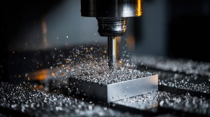 Precision machining process with metal shavings flying during manufacturing on CNC machine tool in industrial workshop