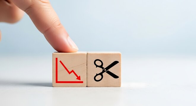 Finger pushing down on wooden block with red downward trending graph and scissors symbol