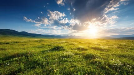 Fototapeta premium Serene Sunrise Over Lush Green Meadow with Rolling Hills and Dramatic Cloudscape in the Background
