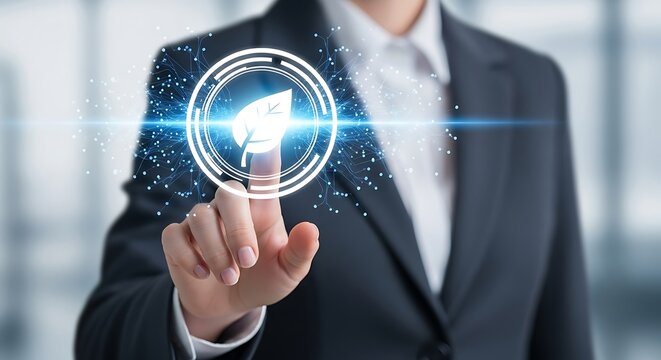 Business person touching a digital icon representing sustainability and environmental protection - Powered by Adobe