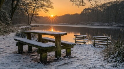 Snowy winter sunrise over frozen lake with picnic table