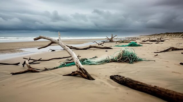 The aftermath of a storm on a sandy coastline, showing washed-up driftwood and plastic fishing net pollution