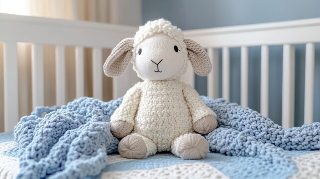 Soft sheep toy on baby crib, blue blanket