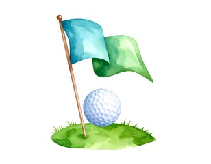 Watercolor illustration of a golf ball, flag, and green on a white background