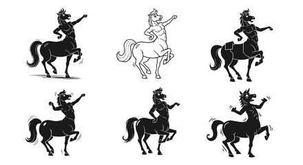 Fototapeta premium Set of various black and white centaur illustrations, showcasing different poses and artistic styles of the mythical half-human, half-horse creature in action