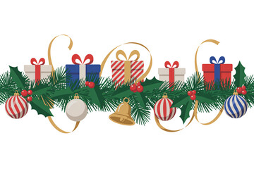 Festive Christmas border design with gifts, ornaments, and greenery perfect for holiday greetings, invitations, and seasonal promotions