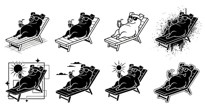 Various black and white illustrations of a happy cartoon pig wearing sunglasses, relaxing on a beach chair with a drink, depicted in different artistic styles and backgrounds