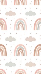 Whimsical repeating pattern featuring rainbows, clouds, and small dots