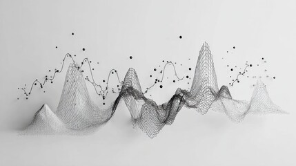 Abstract 3D Wireframe Visualization of Data Representation with Graphical Peaks and Dots on White Background