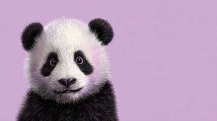 Obraz premium Close-up portrait of a cute baby panda with black and white fur against a plain purple background, realistic rendering