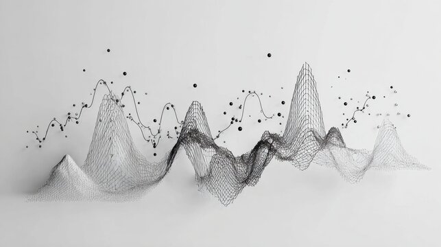Abstract 3D Wireframe Visualization of Data Representation with Graphical Peaks and Dots on White Background