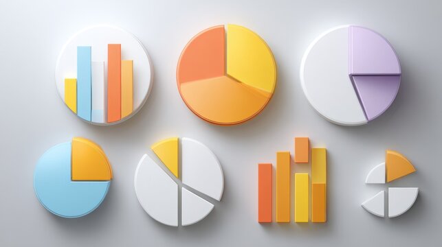 Colorful 3D Pie Charts and Bar Graphs Representing Data Analysis and Business Insights for Modern Design Projects