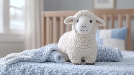 Soft white lamb toy on light blue blanket